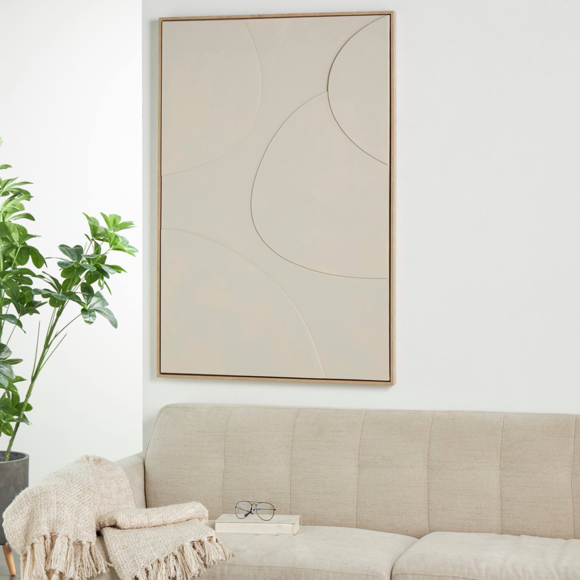 Beige Wooden Geometric Framed Wall Art with Abstract Circles and Brown Wooden Frame